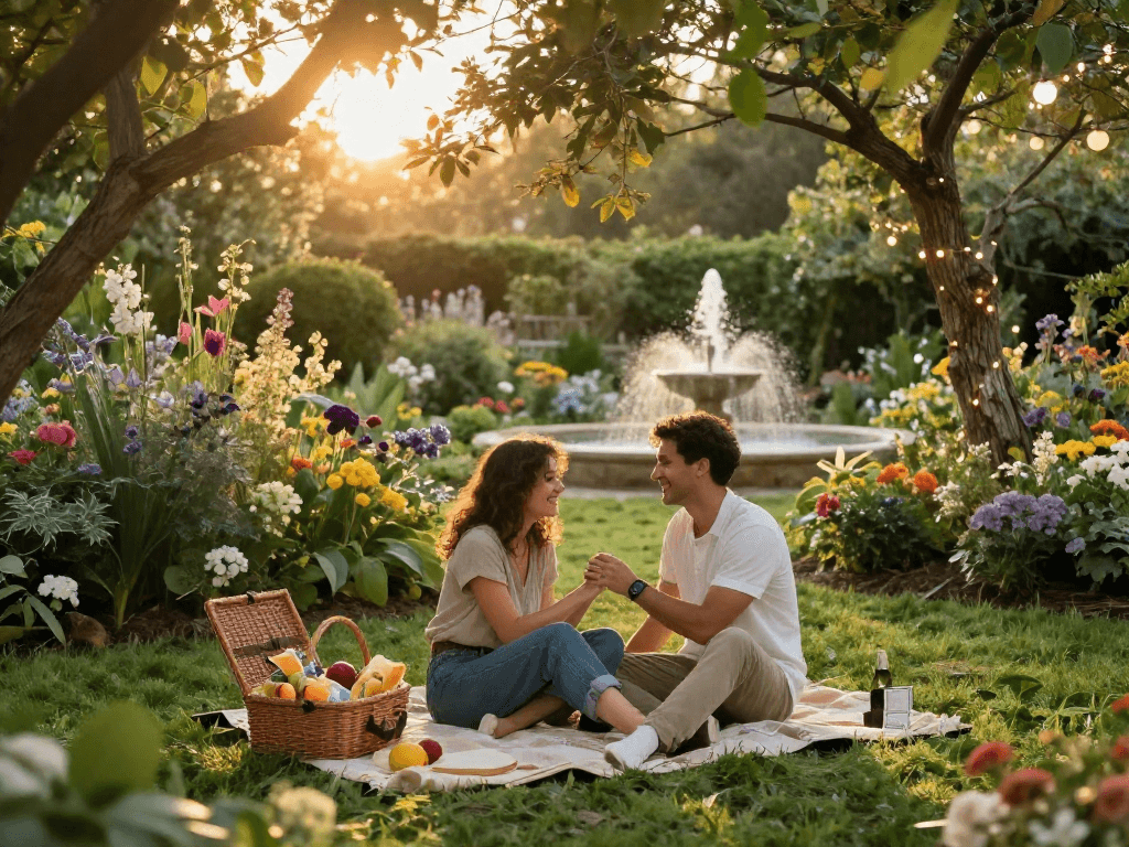 Couple enjoying a picnic in a romantic garden, f168dating experience with laughter and connection.