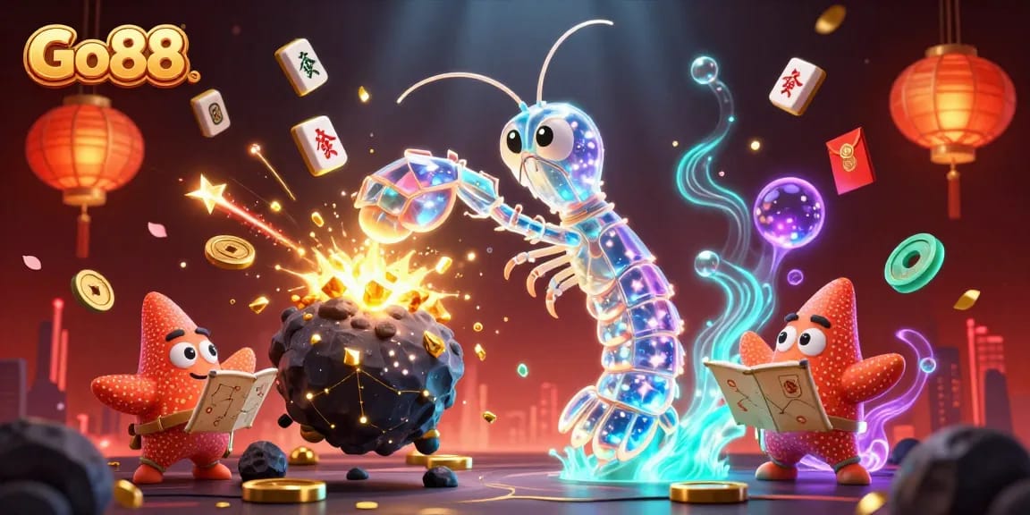 Experience thrilling action at Go88 with a mystical samurai shrimp battling asteroids and scattering coins.