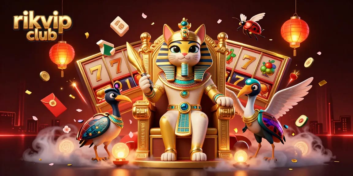 Experience excitement at rikvip club with animated Egyptian-themed casino scene.
