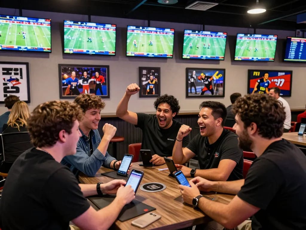 Fans placing bets at tx88casino sports bar while cheering for live events on screens