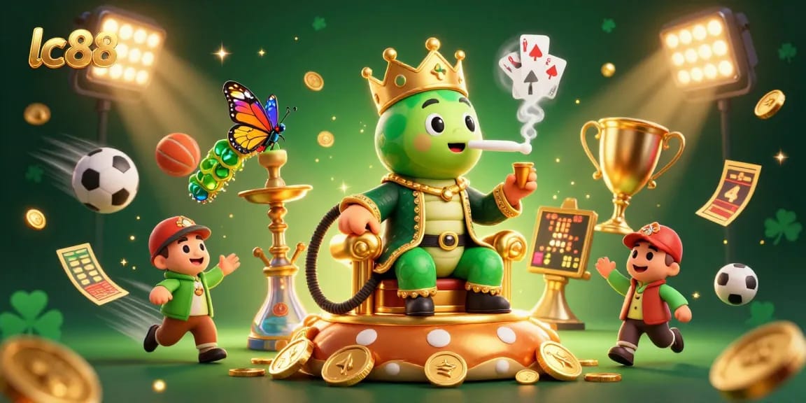 Engage with lc88's thrilling online gaming world featuring a whimsical caterpillar and dynamic sports elements.