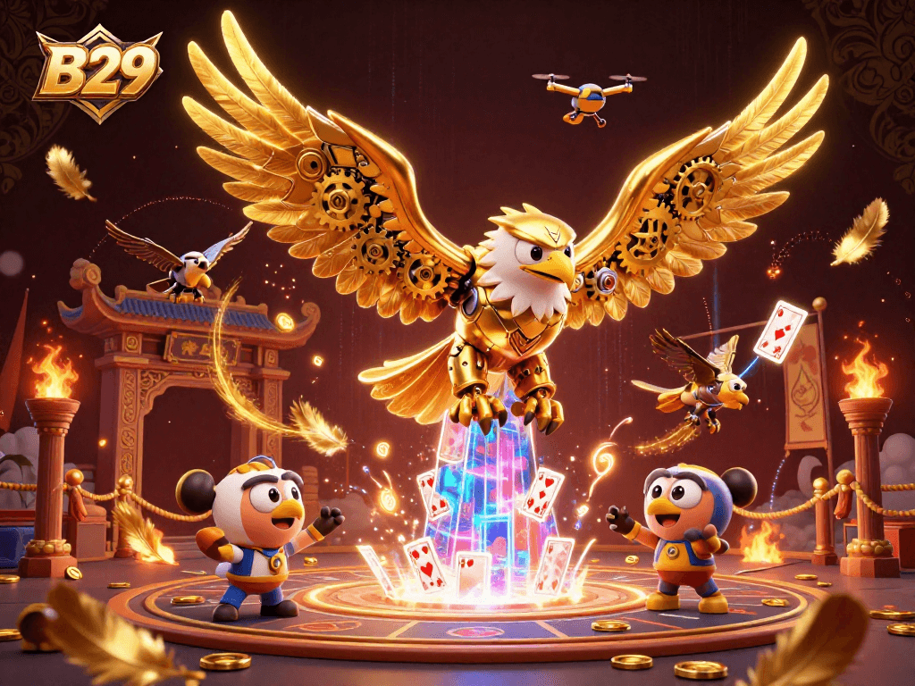 B29 casino showcases an engaging cybernetic eagle amidst holographic cards, embodying thrilling gambling excitement.