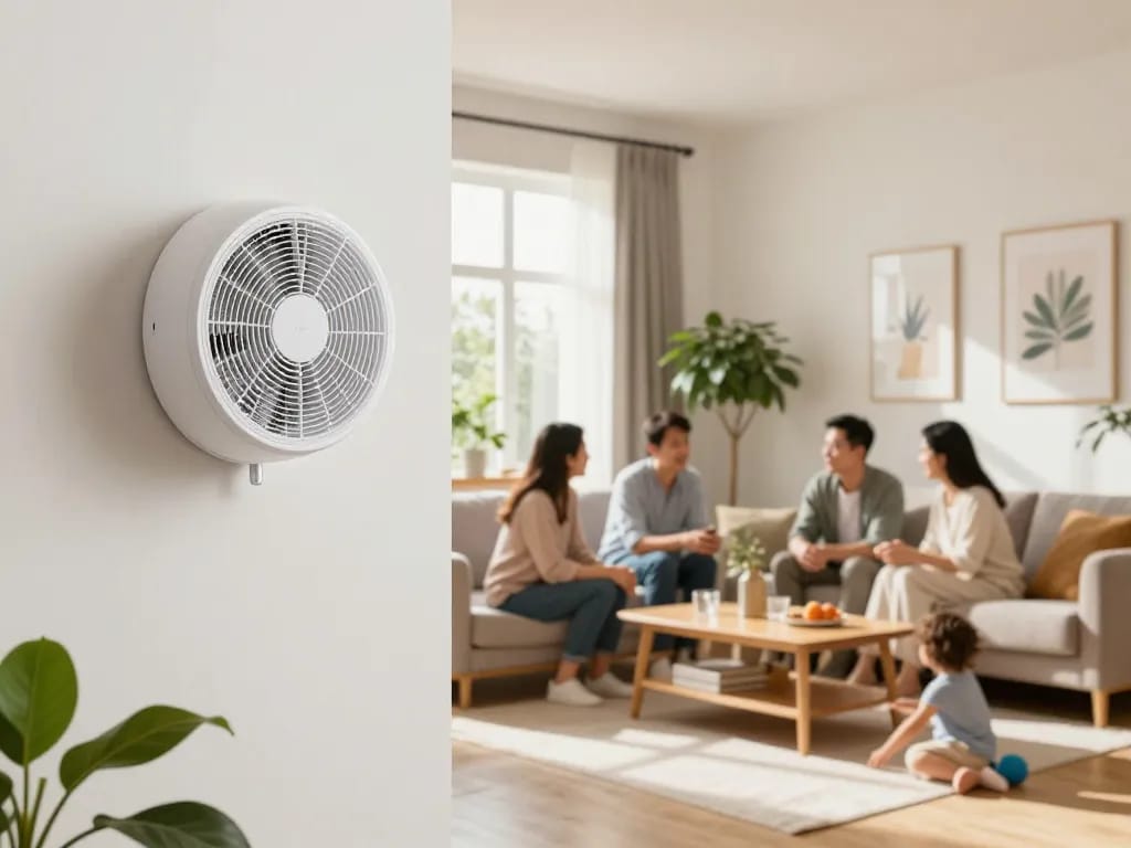 Muurventilator met afstandsbediening in een stijlvolle woonkamer met een gezin dat interactie heeft in een heldere, comfortabele ruimte.