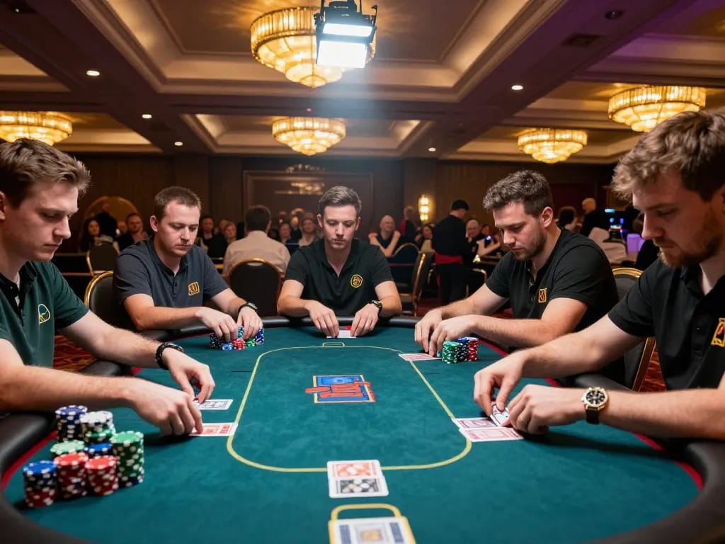 Bet168 players strategizing during an intense poker game in a luxurious casino setting