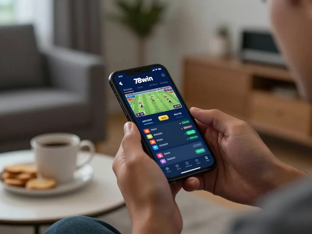 Betting on sports using the 78win app on a smartphone in a cozy home environment