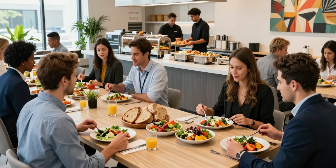 Gezellige bedrijfscatering ervaring met medewerkers die samen genieten van gezonde maaltijden door bedrijfscateraar CIRFOOD.