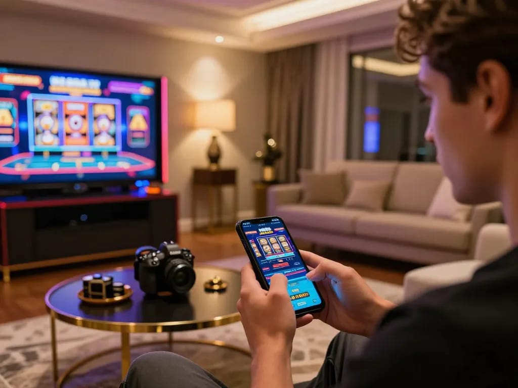 Player engaging with nhà cái alo8 app on smartphone, showcasing vibrant online gaming environment.
