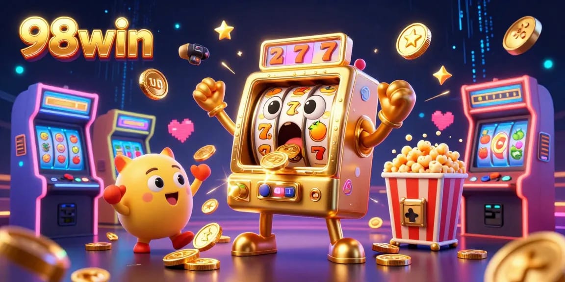 Experience the thrilling jackpot celebration at 98win with vibrant slot machines and winning moments.