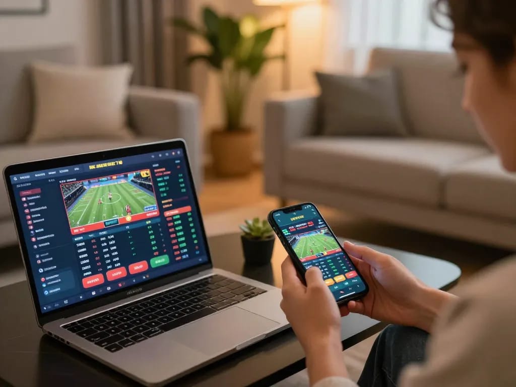 Person placing bets on TIP88 mobile app in a cozy living room setting, showcasing dynamic sports betting