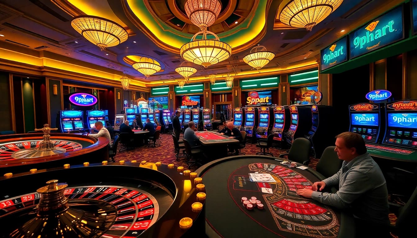 Exciting gaming scene at 9ph.art, featuring poker tables and vibrant slot machines.