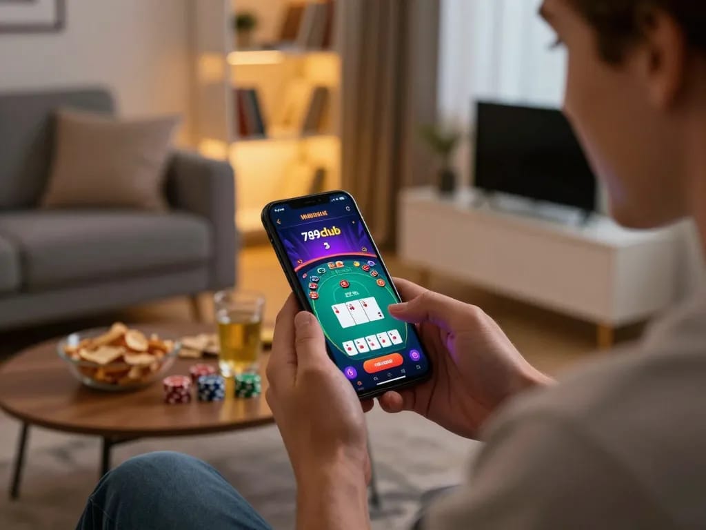Engaged player using 789club mobile app for exciting online gaming experience at home.