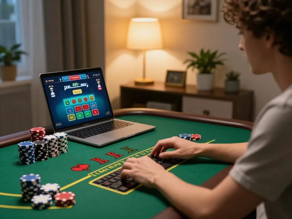 Player enjoying live blackjack on O8 platform, with warm lighting and poker chips present
