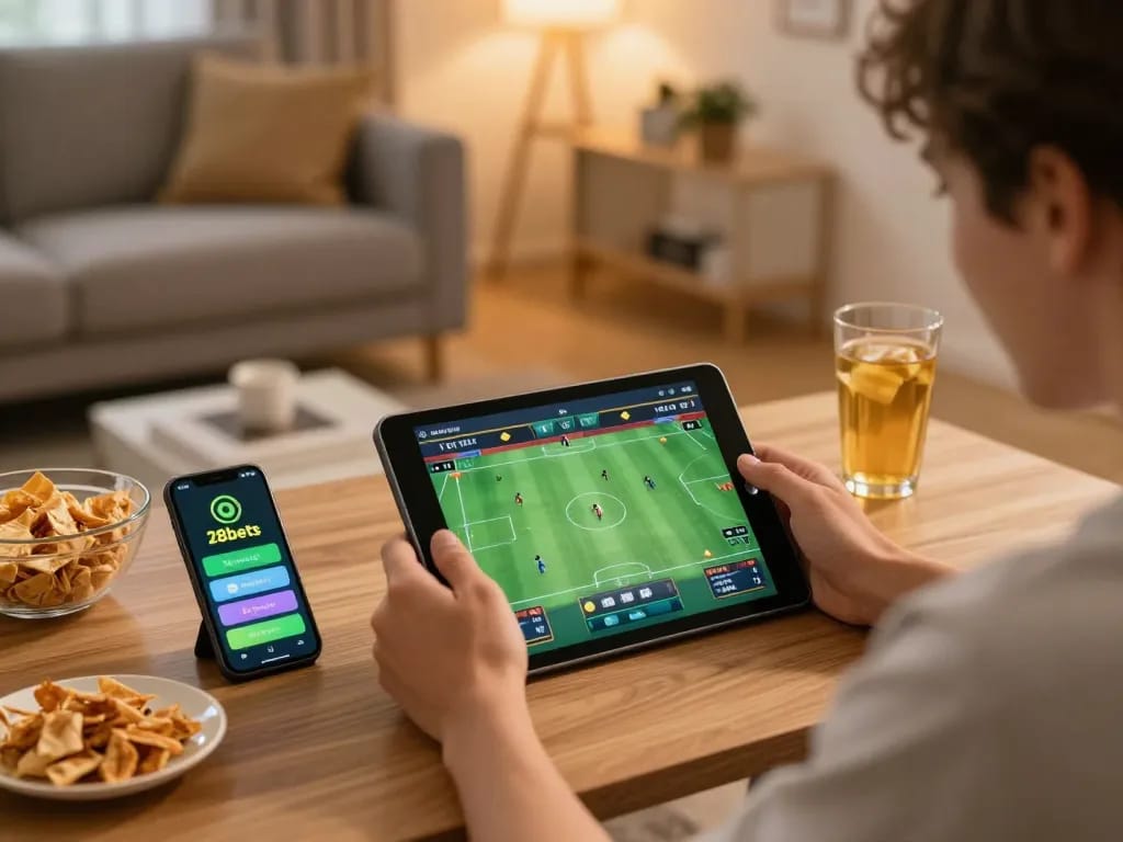 Person enjoying 28bets online sports betting with tablet and smartphone in a cozy home setting.