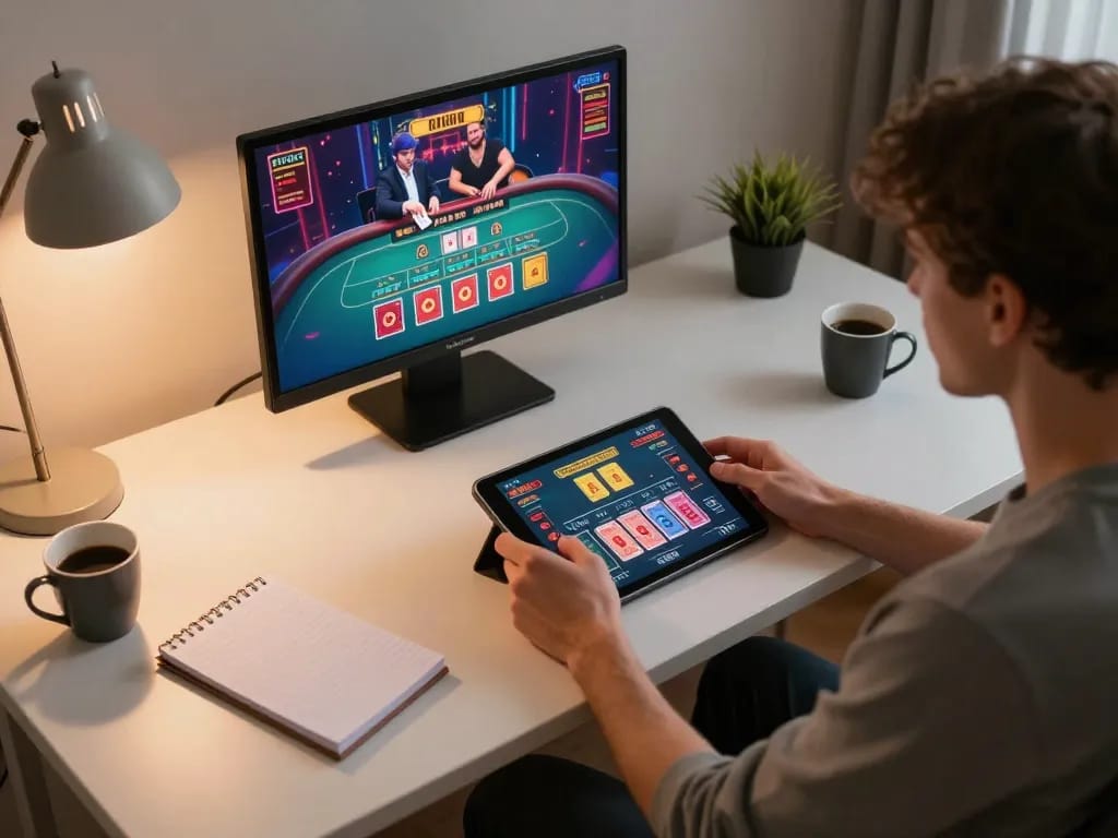 Xo88 uy tín player engaging in online casino gaming from a cozy personal setup, showing tablet interface and notes for strategic gameplay.
