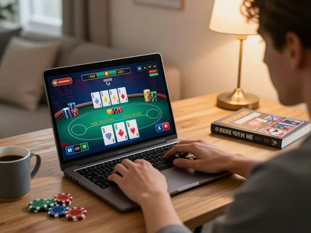 Experience the thrill of online poker on the 88xx platform, featuring a cozy home gaming setup.