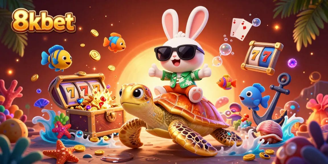 Win big at 8kbet with this vibrant casino-themed illustration featuring a lucky rabbit and golden turtle.