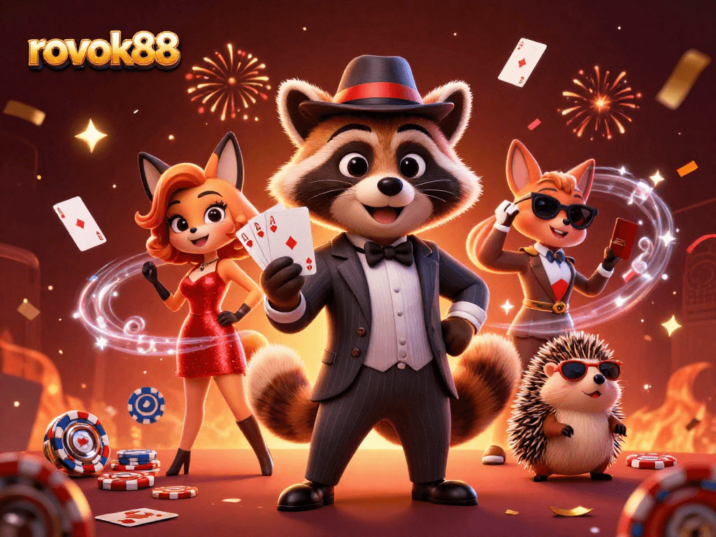 Experience high-stakes action with rokok88 as suave characters engage in a lively casino scene packed with cards and chips.