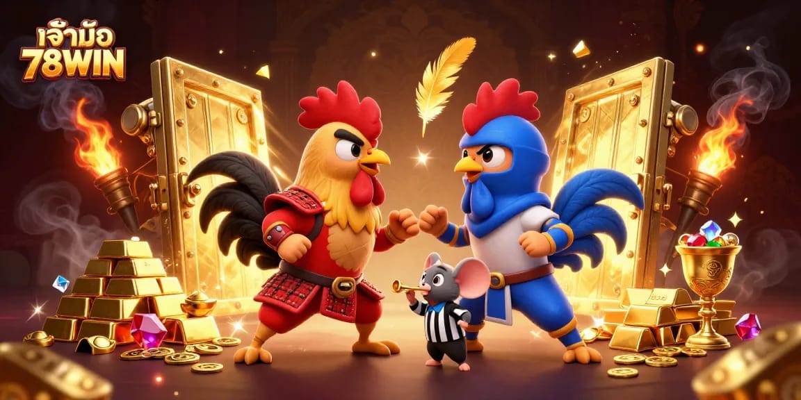 Engage in thrilling gameplay with เจ้ามือ 78WIN, featuring dynamic fighting roosters and golden treasures.
