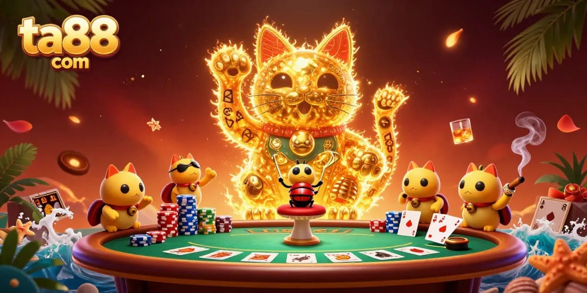 Experience thrilling gameplay at ta88 com with a vibrant lucky cat made of fireflies amidst poker action.