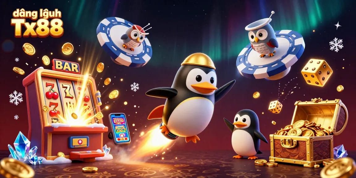 Experience exciting gaming with đăng nhập Tx88, as the penguin blasts through casino-themed space!