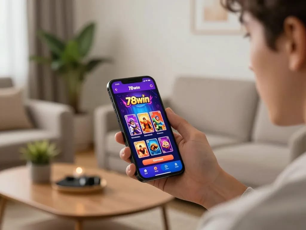 Engaging with the 78win app for online gambling in a cozy living room setting.