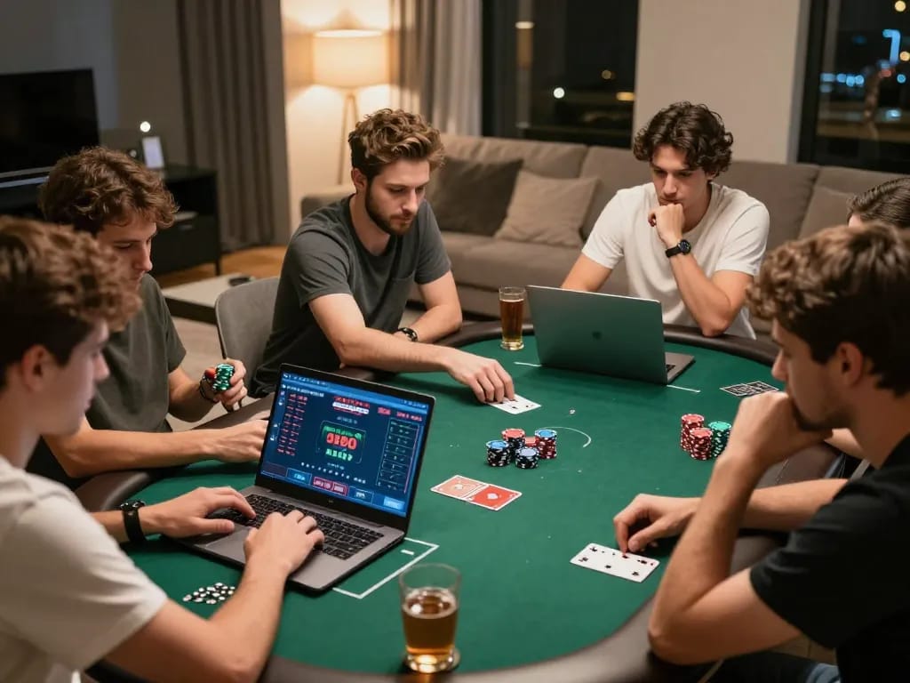 Link vào 9bet players engaging in an online poker game, showcasing strategic gameplay and camaraderie.
