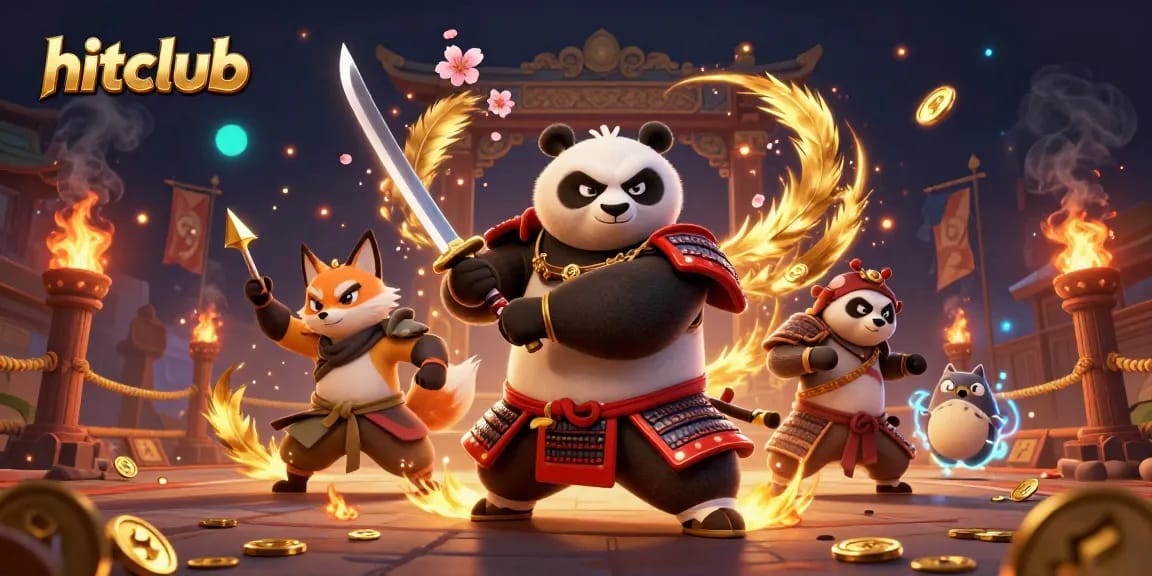 Engage with hitclub's vibrant game scene featuring samurai panda and ninja fox, immersed in dynamic gambling action.