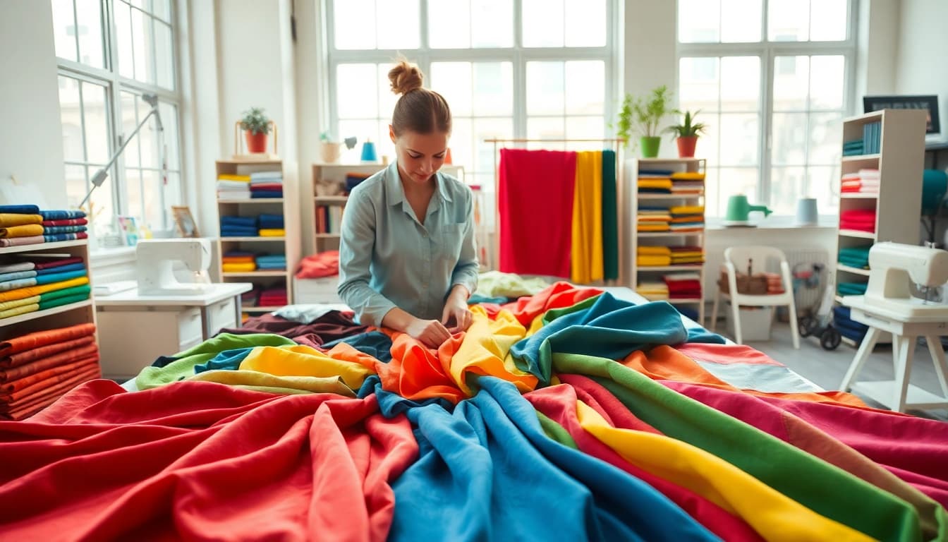 Stoffen online: Creatieve designer werkt met kleurrijke stoffen in een inspirerende atelieromgeving.