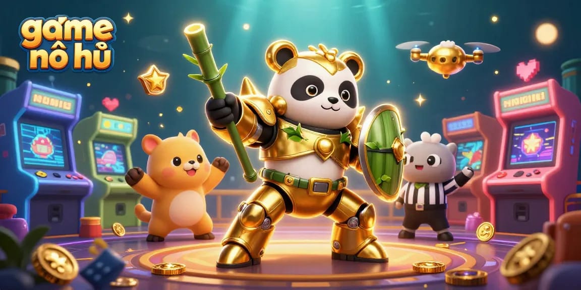 Engage with the vibrant game nổ hũ scene featuring a golden panda in a mech-suit surrounded by arcade machines and cheering animals.