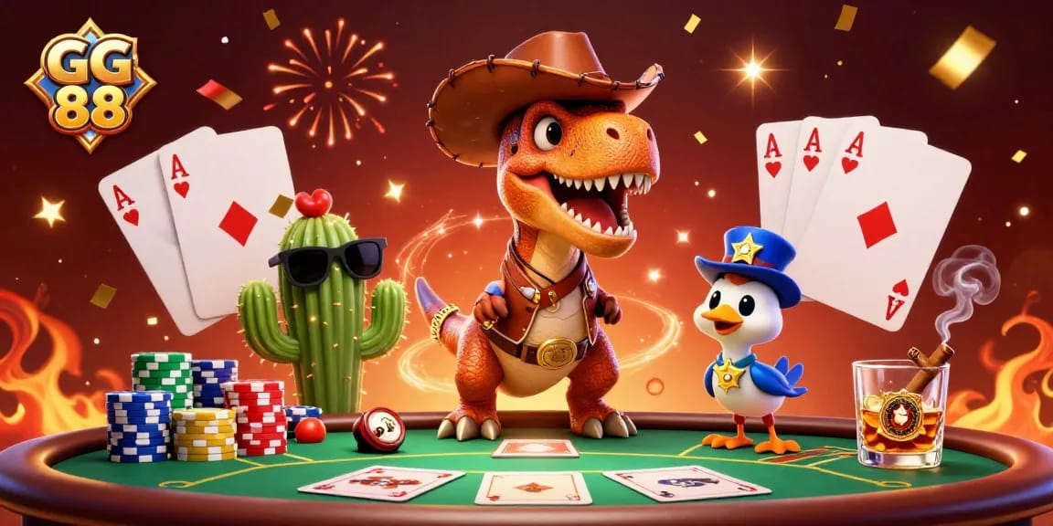 Experience the excitement of GG 88 with vibrant characters, poker games, and festive confetti.