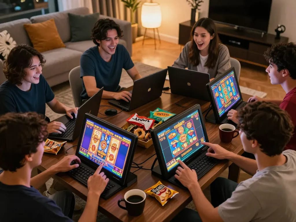 Nổ hũ players enjoying exciting online gaming session at home with vibrant slot game screens.