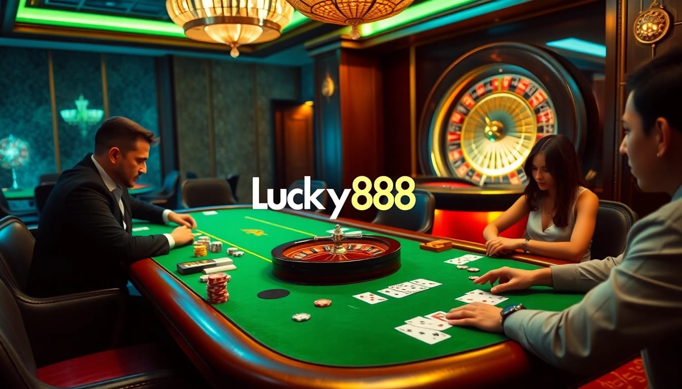 Experience Lucky88 uy tín with lively gambling action at a stylish poker table amidst luxury.