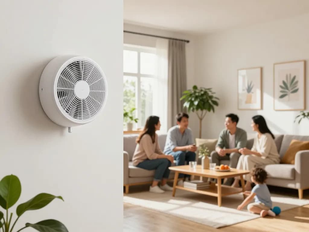 Muurventilator met afstandsbediening in een stijlvolle woonkamer met een gezin dat interactie heeft in een heldere, comfortabele ruimte.