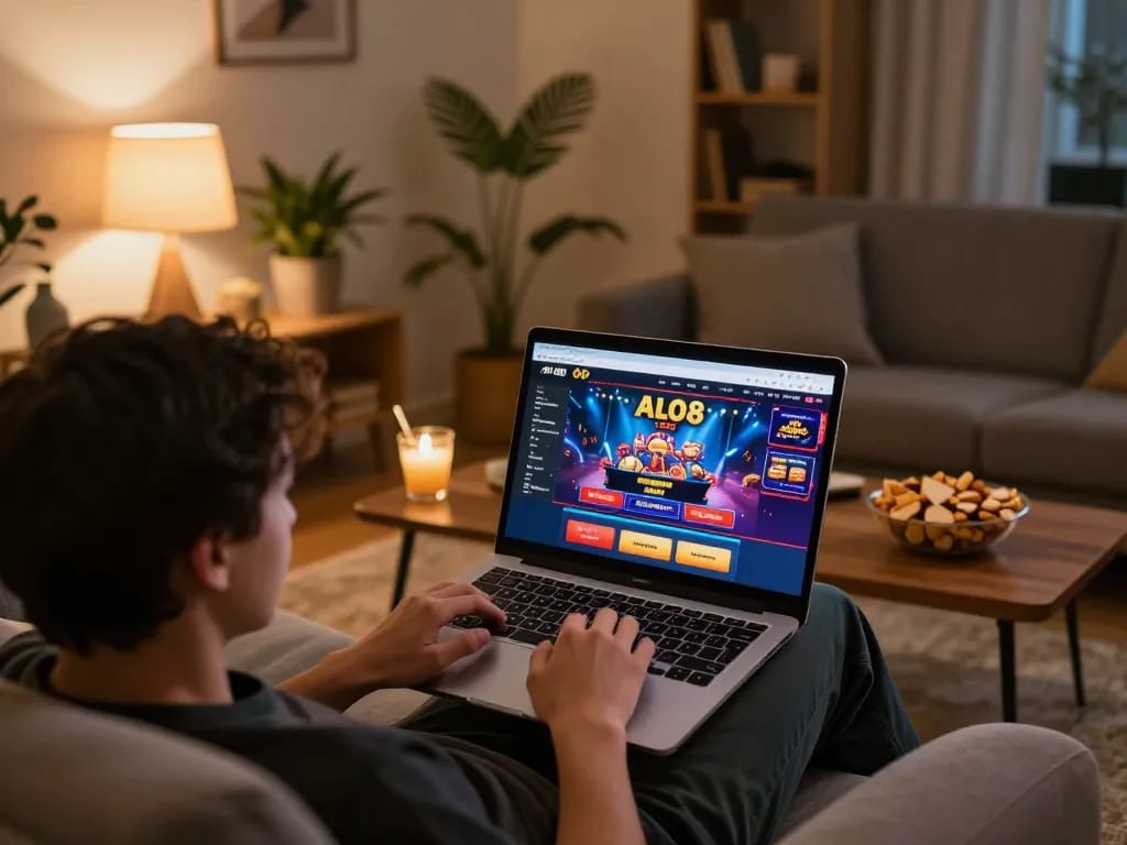 Person engaging with ALO8's online casino, showcasing gaming excitement at home.