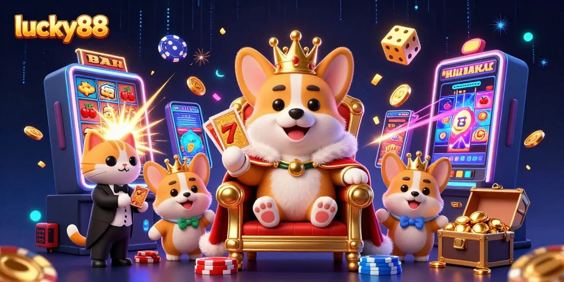Win big at lucky88 with this vibrant 3D casino scene showcasing exciting slot games and treasures.