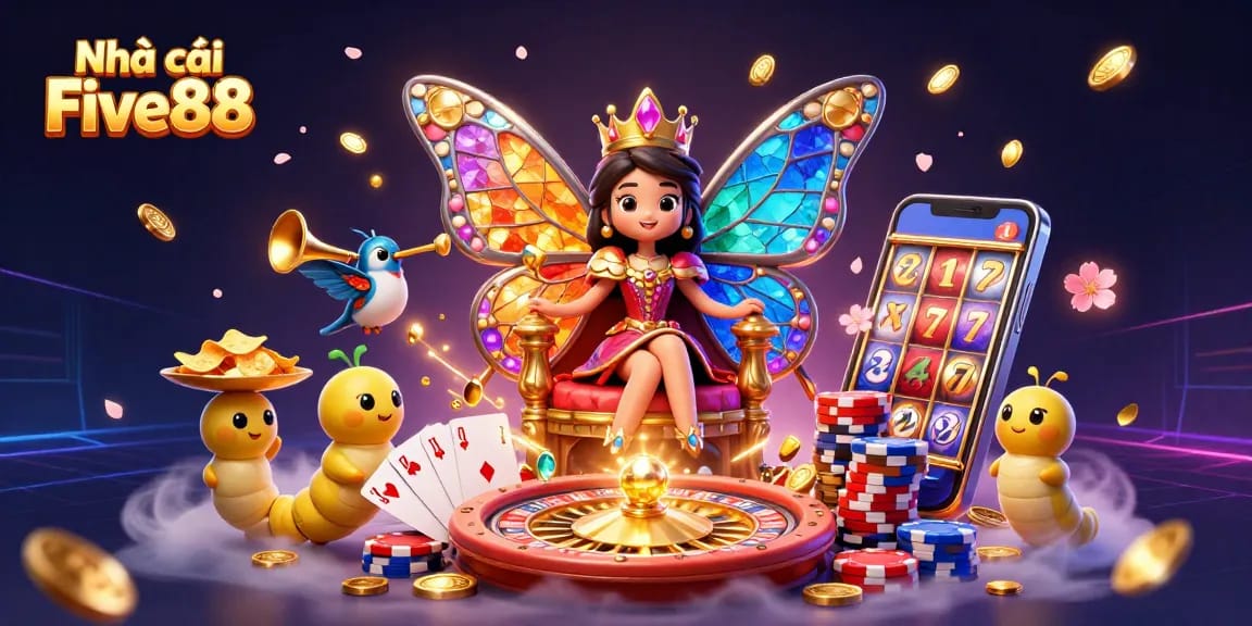 Nhà cái Five88 showcases a whimsical 3D gaming world filled with colorful casino elements and dynamic characters.