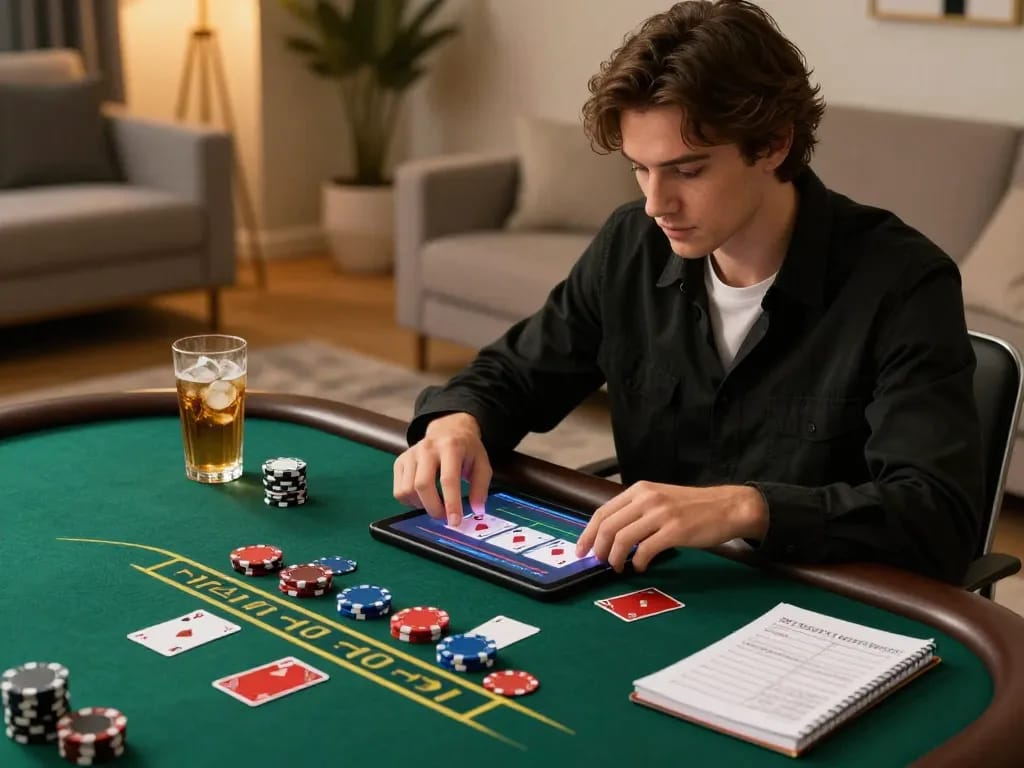 Player enjoying blackjack strategy on Fun88 com tablet in elegant home setting