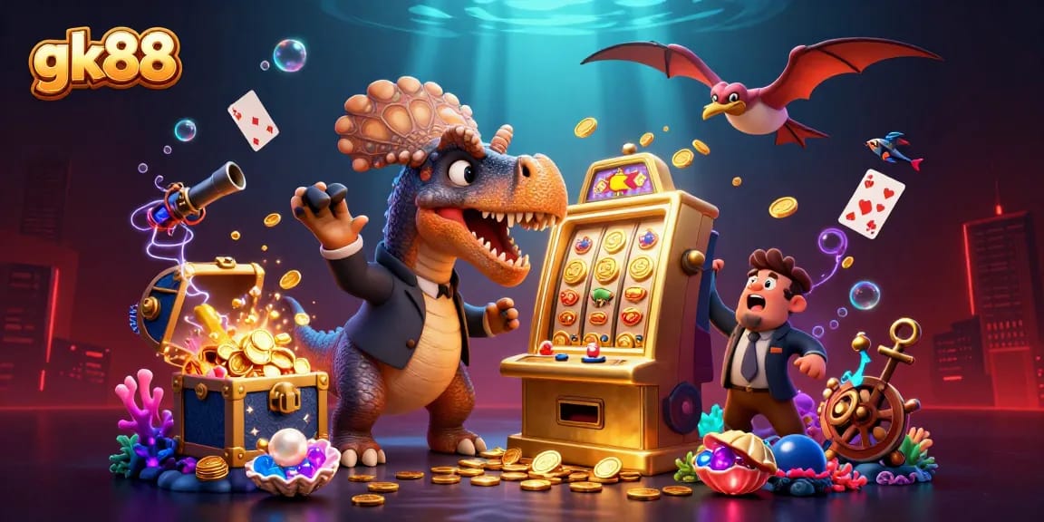 Experience the thrill of gk88 jackpots as a dinosaur heads for golden coins in a vibrant scene.