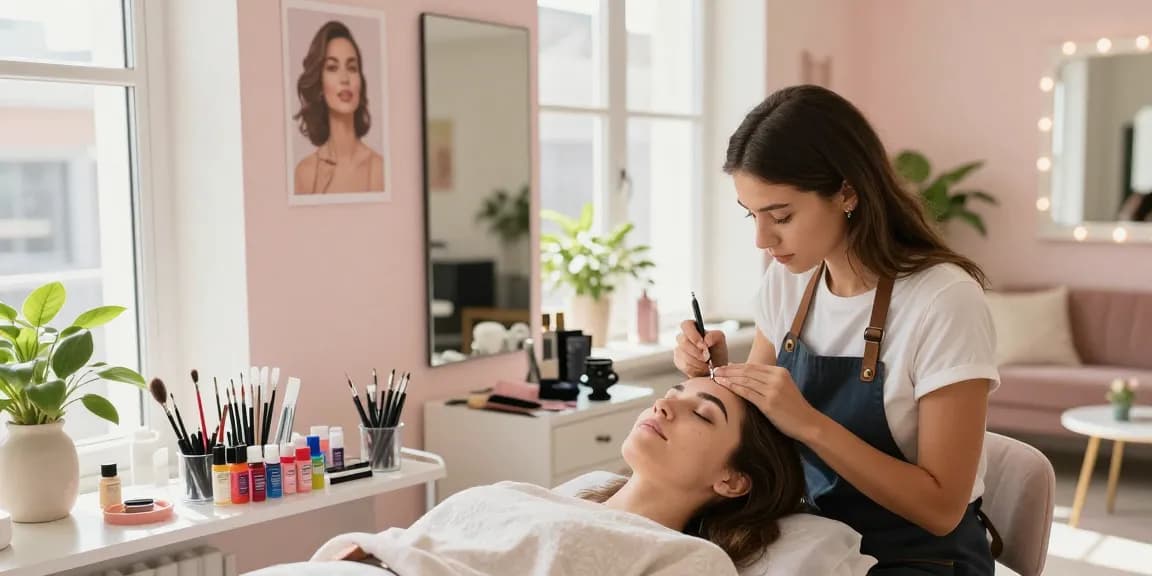 Permanente make-up wenkbrauwen toepassing in een modern schoonheidssalon, met nadruk op transformatie en empowerment.