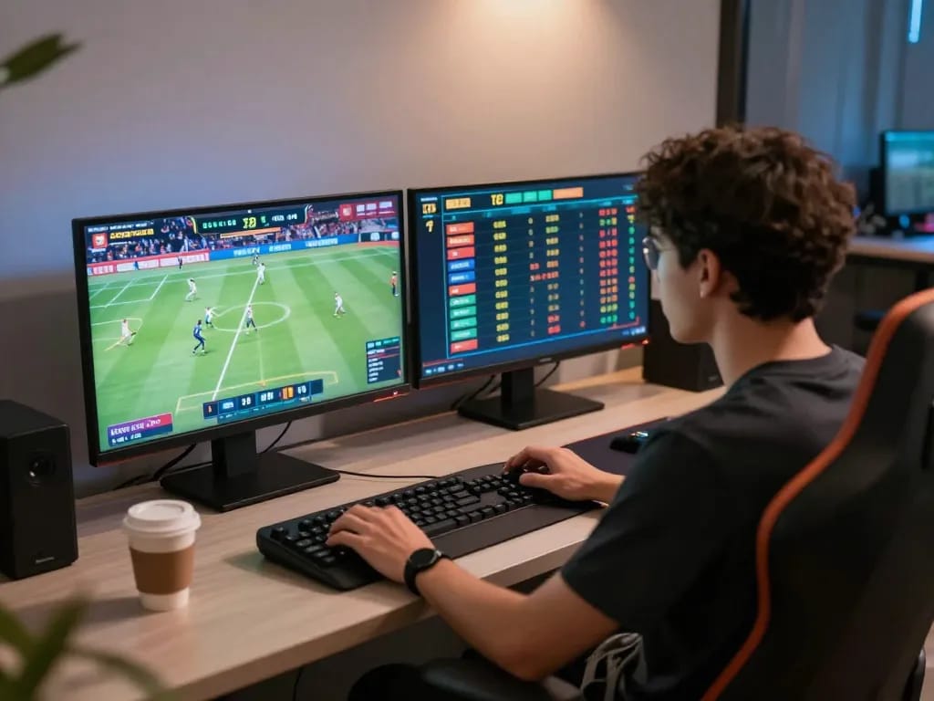 Betting on live sports at home with co88i, comfy setup, and multiple screens showing odds