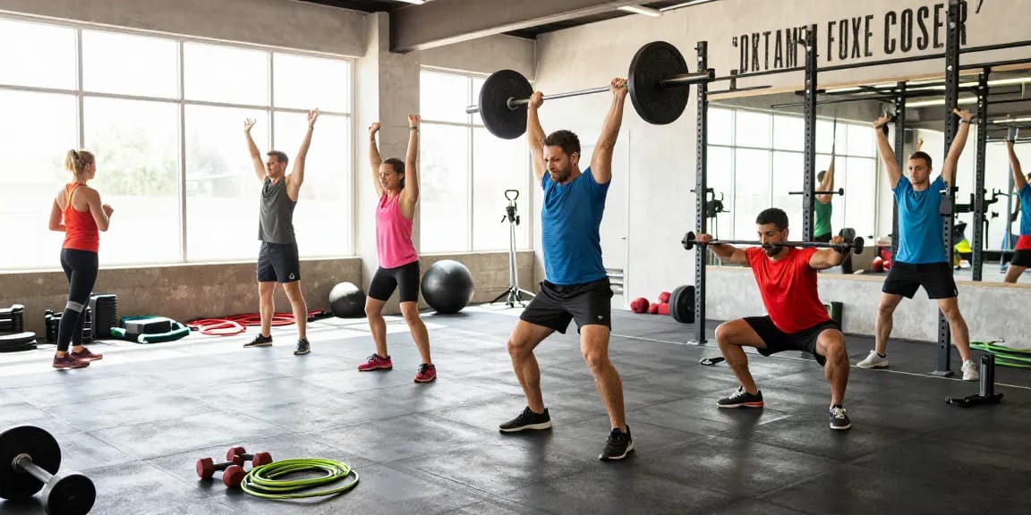 Actieve sportsessies in de Unique Pharma Shop met atleten die trainen met gewichten en yoga beoefenen in een levendige sportschool.