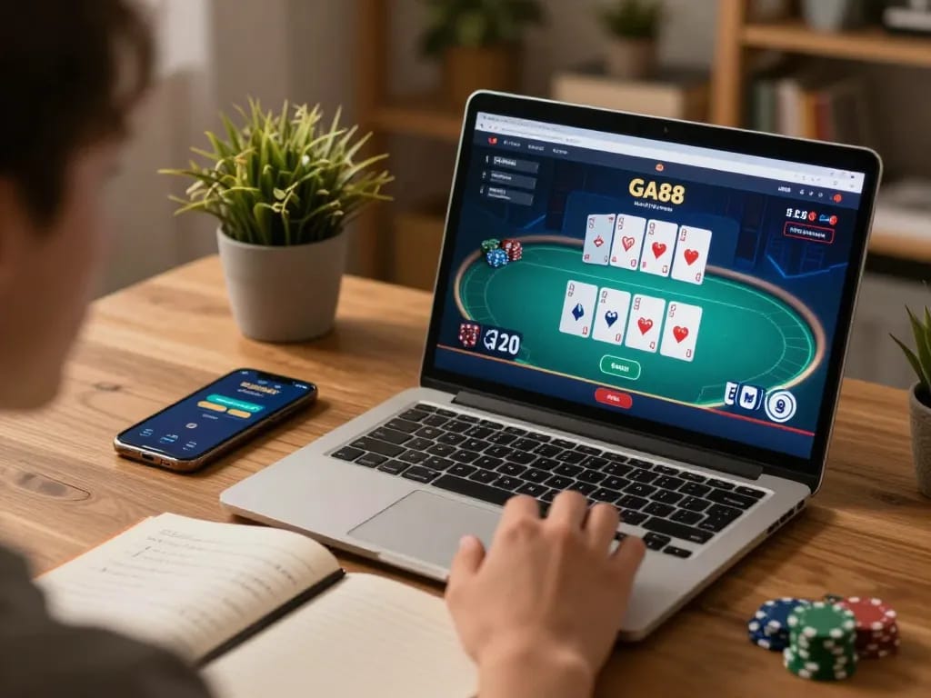 Engage in GA88 poker gameplay on a cozy home office setup with a user focused on strategies