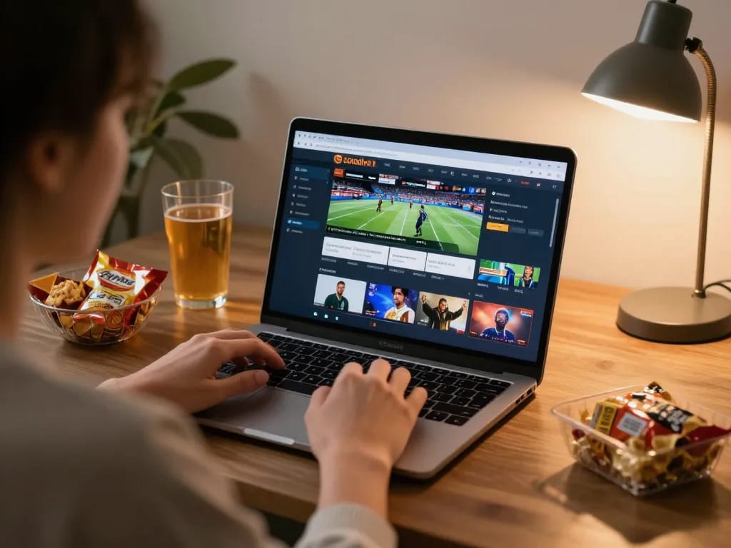 Socolive TV sports streaming on a laptop screen in a cozy home gaming setup.