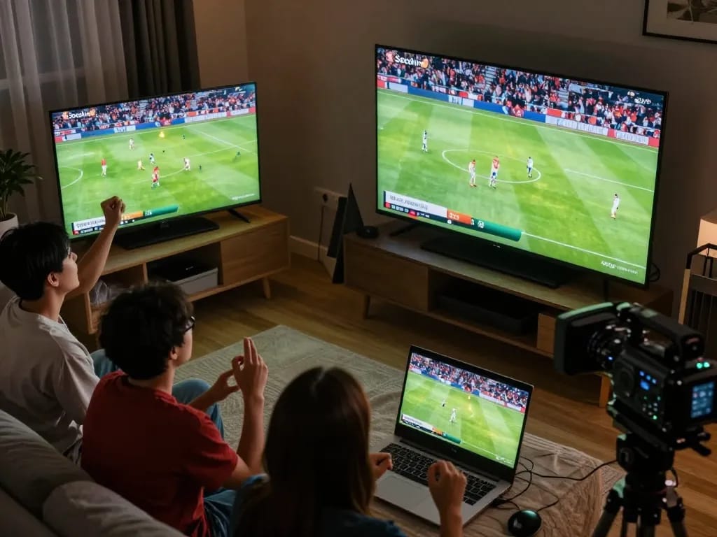 Socolive streaming soccer match highlights with engaged viewers in a cozy atmosphere