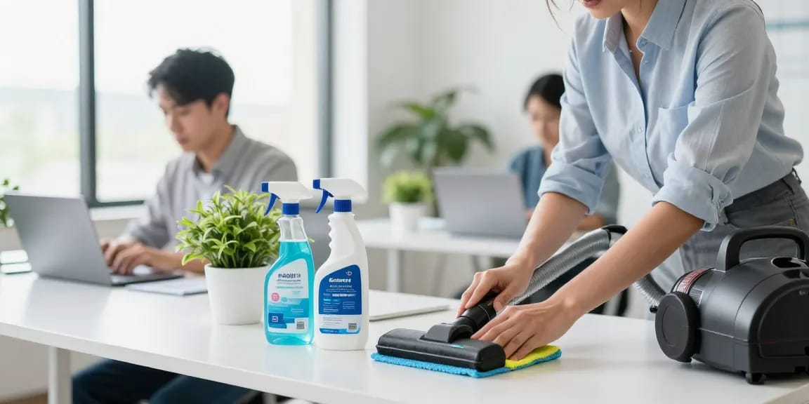 Professional cleaning team showcasing a schoonmaakbedrijf den haag in a bright office environment.