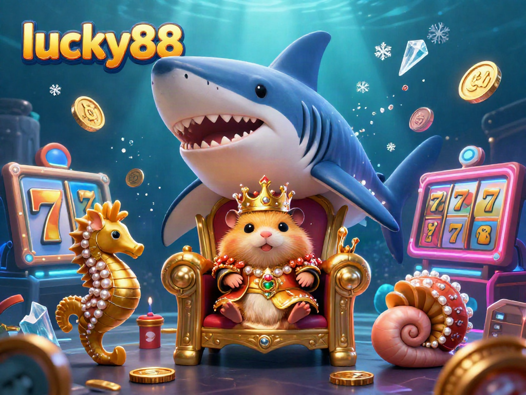 Spin to win at lucky88 with a vibrant illustration of a hamster king and casino elements.