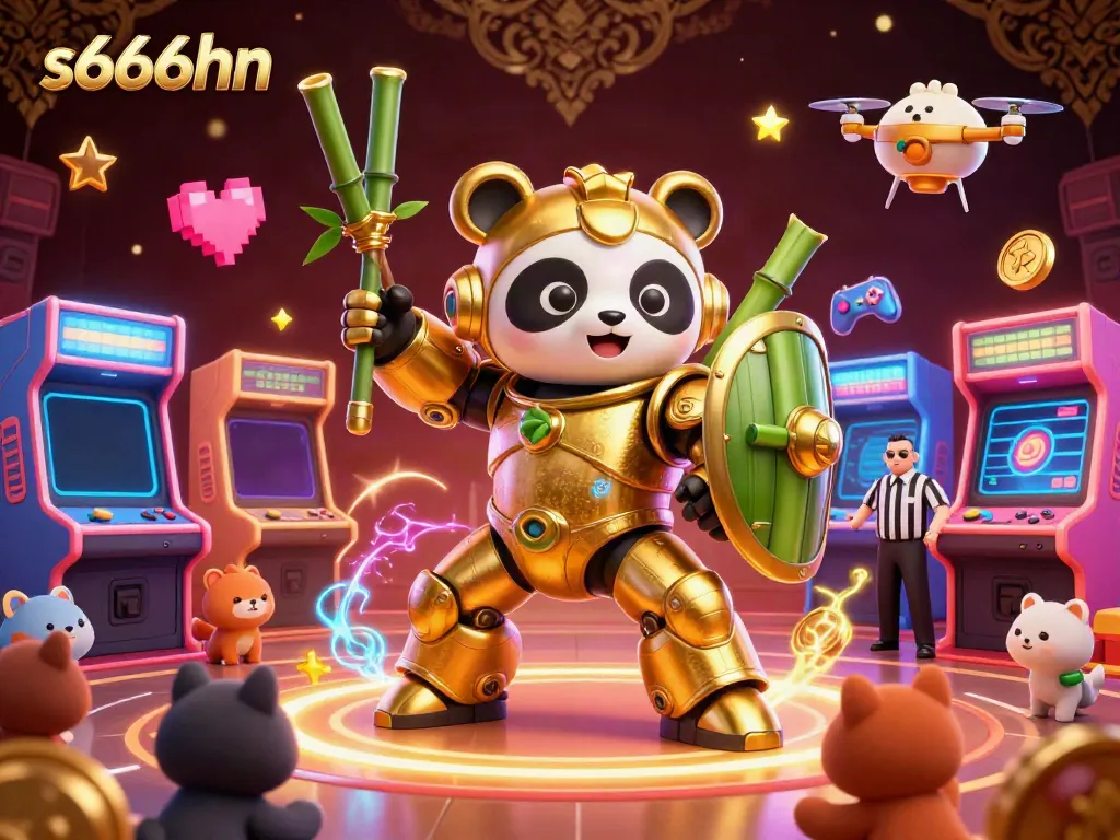 Experience thrilling gameplay with s666hn in this vibrant 3D casino scene featuring a golden panda and arcade elements.