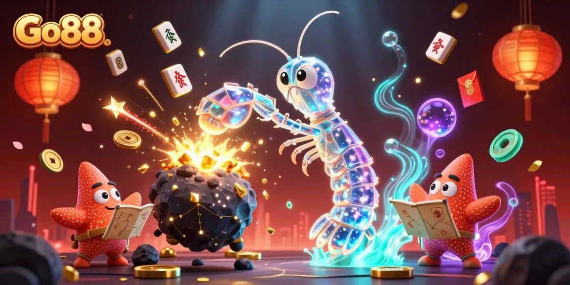 Experience thrilling action at Go88 with a mystical samurai shrimp battling asteroids and scattering coins.