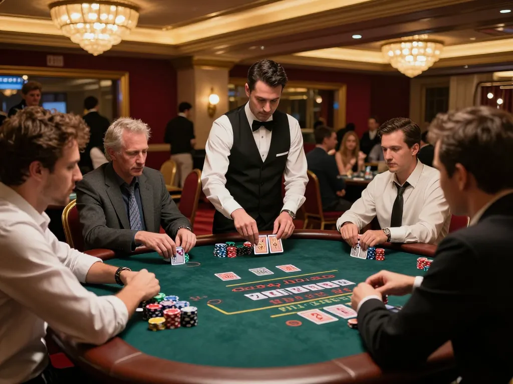 Experience intense gameplay at a nohu blackjack table with focused players and luxurious casino ambiance.