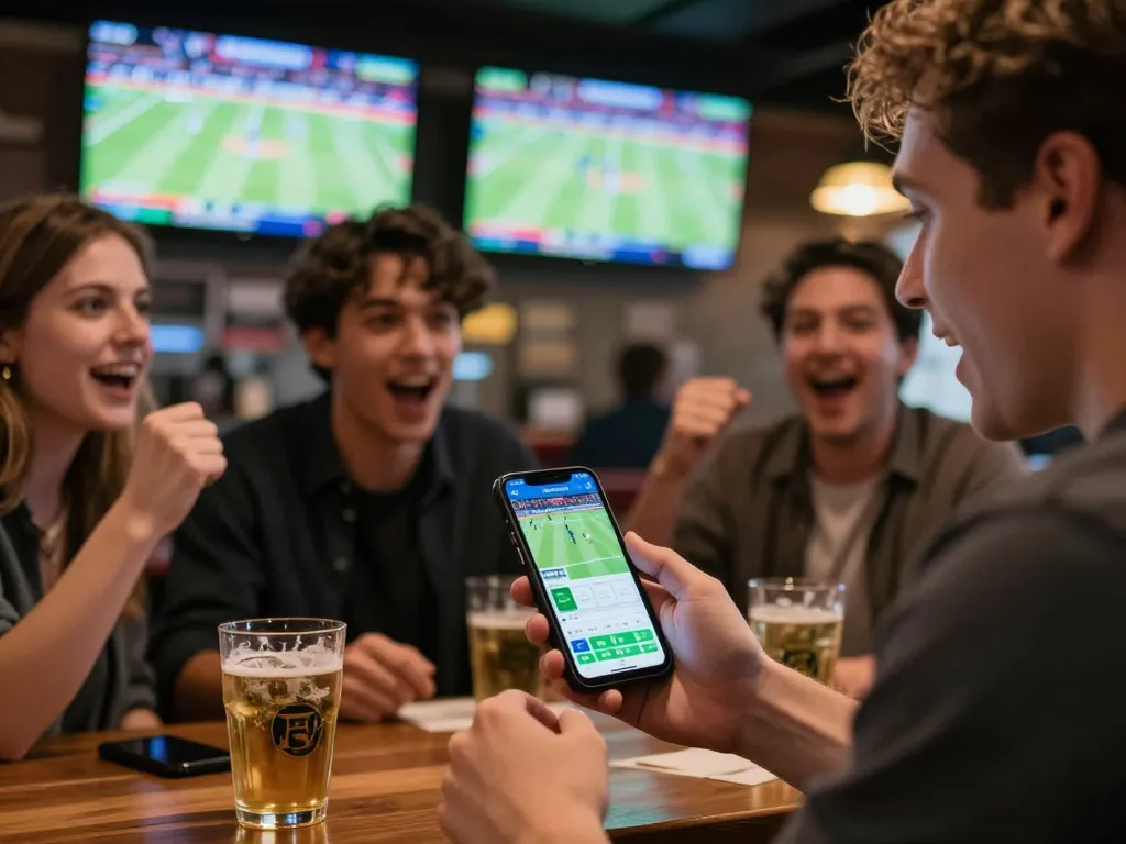 Excited sports fan using keonhacai5 app to place live bets during a match in vibrant sports bar.